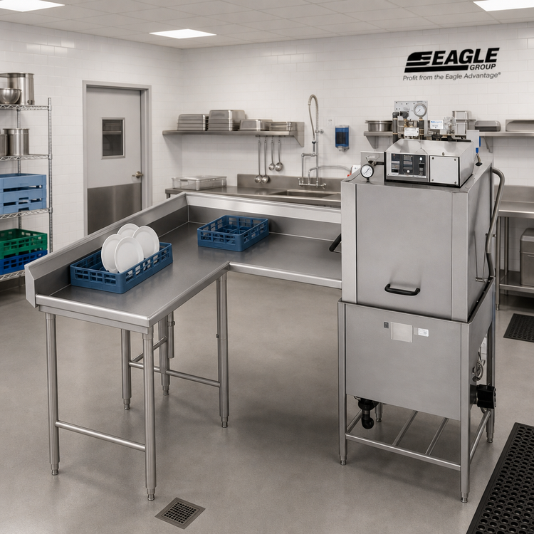 Product image #2 for Eagle Group Left-Hand Clean Corner Dishtable, 96-Inch Machine-to-Corner x 60-Inch Corner-to-End, 30-Inch Working Depth, 16/304 Stainless Steel