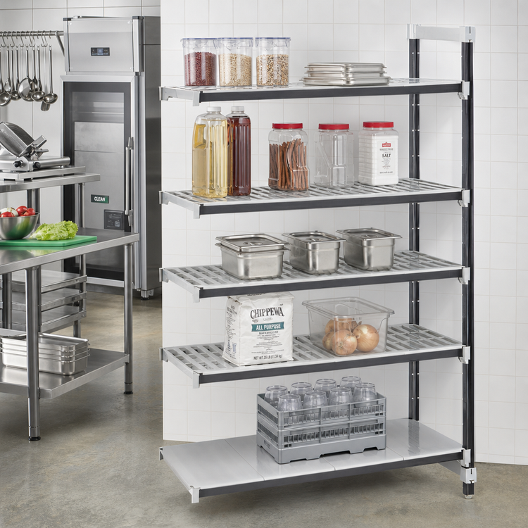 Product image #2 for Cambro Camshelving Elements XTRA 5-Shelf Stationary Add-On Polymer Shelving Unit, 21 x 36 x 84 Inches, Vented and Solid, Speckled Gray