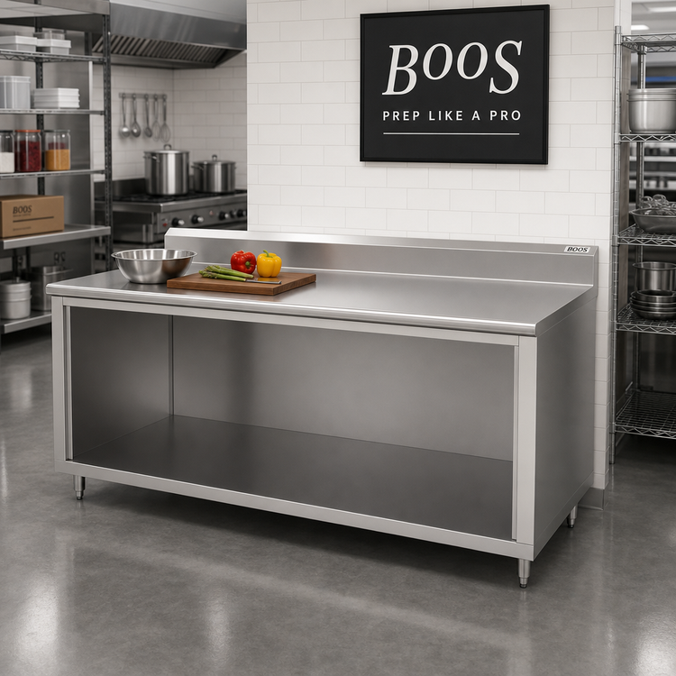 Product image #2 for John Boos 84 Inch x 36 Inch Stainless Steel Work Table with Cabinet Base, Open Front, 5 Inch Backsplash, and Stallion Safety Edge