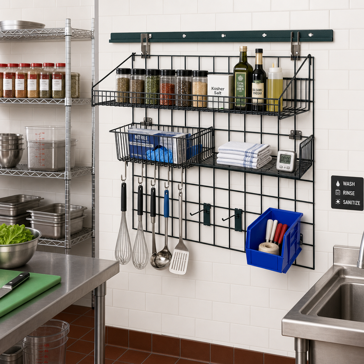 Product image #2 for Quantum Store Grid Standard-Duty Wall-Mounted Storage Starter Kit with Shelf, Basket, and Bin Holder