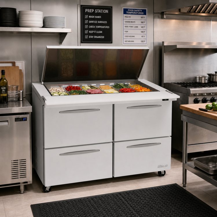 Product image #2 for Turbo Air PRO Series 48 1/4 Inch Mega Top Sandwich/Salad Prep Table with Flat Lid, 2-Section, 4-Drawer, 15 Cu. Ft.