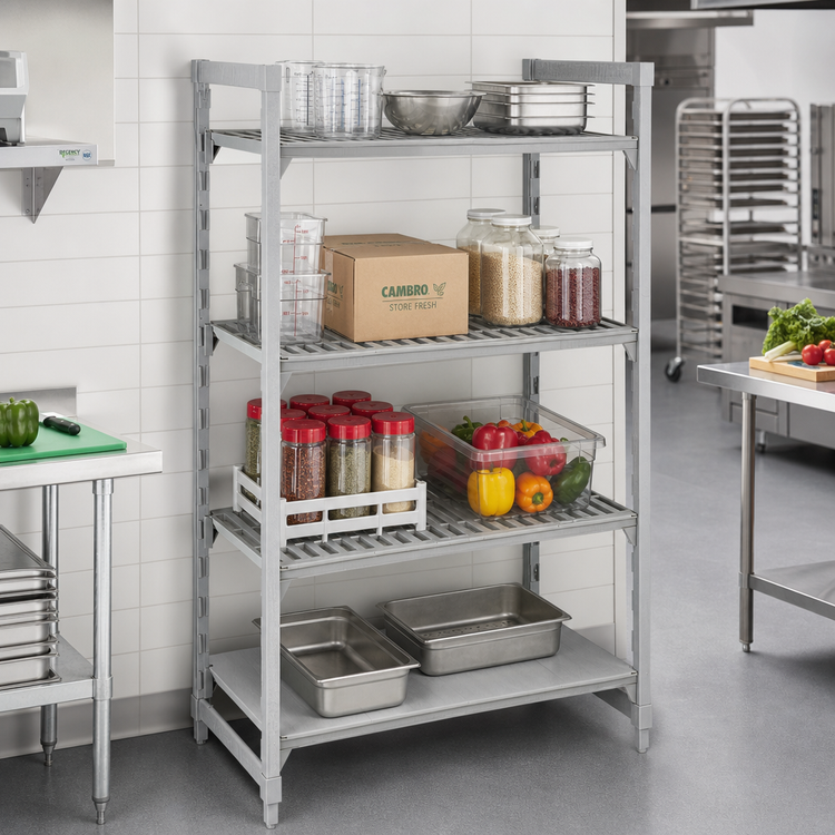 Product image #3 for Cambro Camshelving Premium Speckled Gray Stationary Starter Shelving Unit, 21-Inch Deep x 60-Inch Wide x 72-Inch High, 4-Tier, 3 Vented + 1 Solid