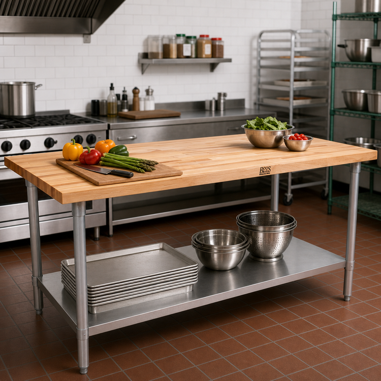 Product image #2 for John Boos 72 x 24 Inch Edge Grain Maple Wood Top Work Table with Adjustable Undershelf