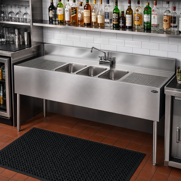 Product image #2 for Krowne Royal Series Three Compartment Underbar Sink Unit with Dual Drainboards and Deck-Mount Faucet, 72"W x 24"D