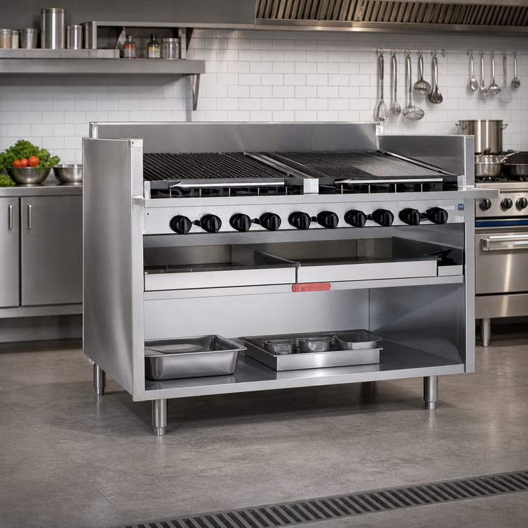 Product image #2 for Magikitch'n FM-RMB-624 24 Inch Floor Model Gas Radiant Charbroiler with Tilt Round Rod Grate and Open Cabinet Base