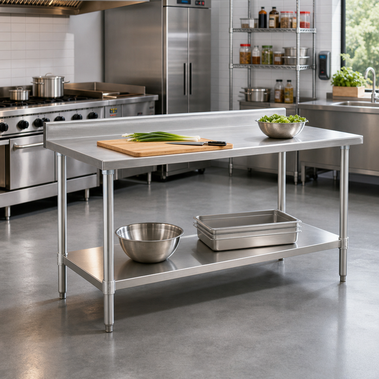 Product image #2 for Deluxe Series Stainless Steel Work Table, 48W x 24D, 4-1/2 Inch Backsplash, Open Base with Undershelf