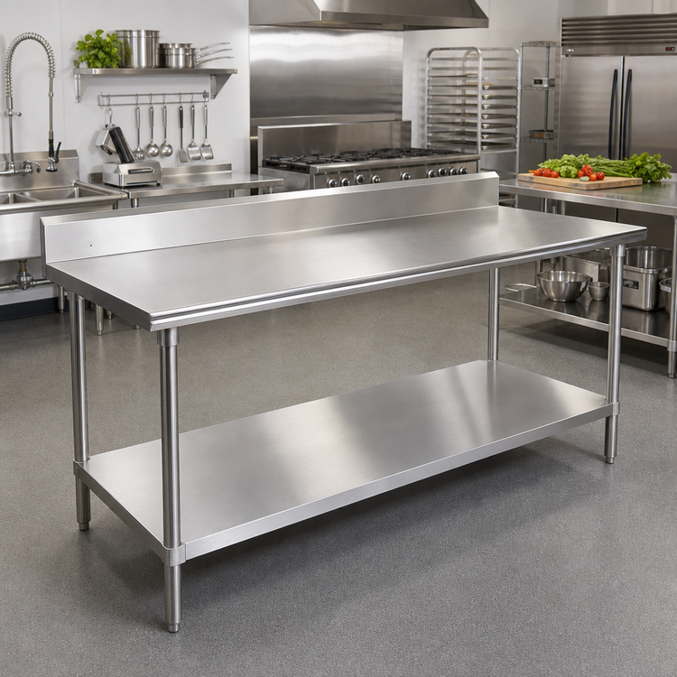 Product image #2 for Advance Tabco 120-Inch x 24-Inch Stainless Steel Work Table with 5-Inch Backsplash and Adjustable Undershelf