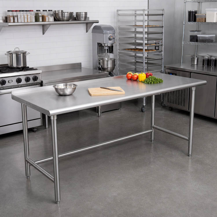 Product image #2 for Advance Tabco 84" x 36" Open Base Work Table with 16-Gauge 430 Stainless Steel Top and 1-1/2" Rear Up-Turn