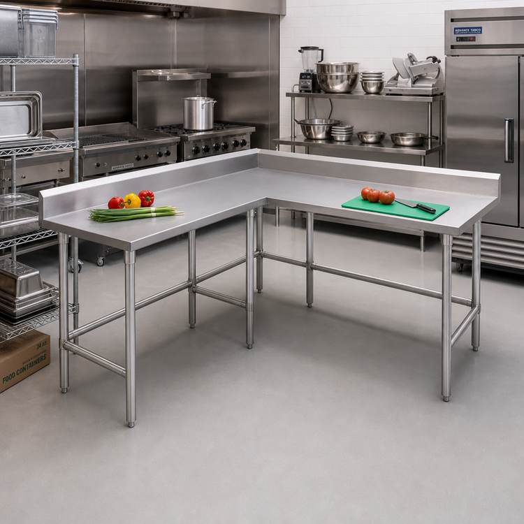 Product image #2 for Advance Tabco L-Shaped Stainless Steel Corner Work Table, 120 x 60 Inches, 30-Inch Working Depth, 5-Inch Backsplash