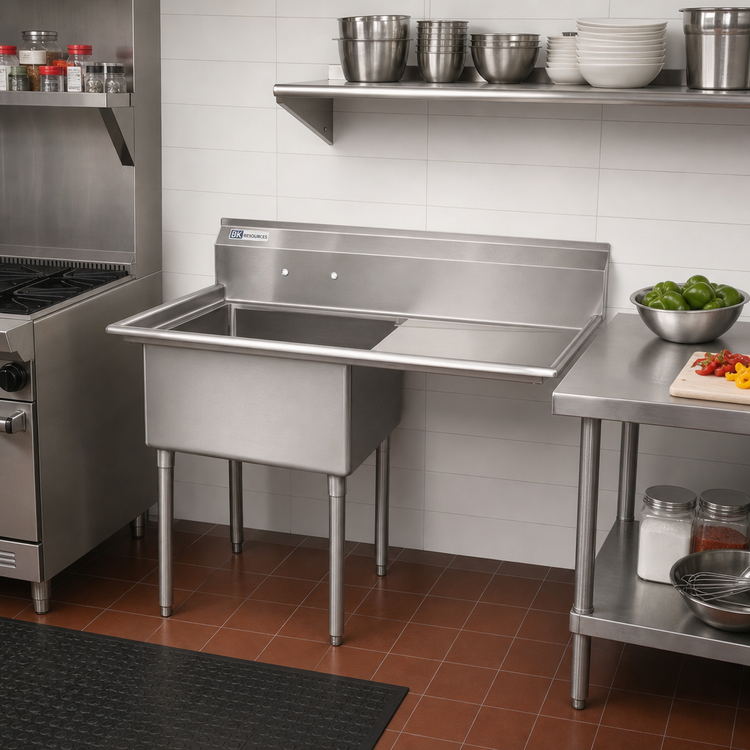 Product image #2 for BK Resources 1-Compartment Sink with Right Drainboard, 24" x 24" x 14" Bowl, 9" Backsplash