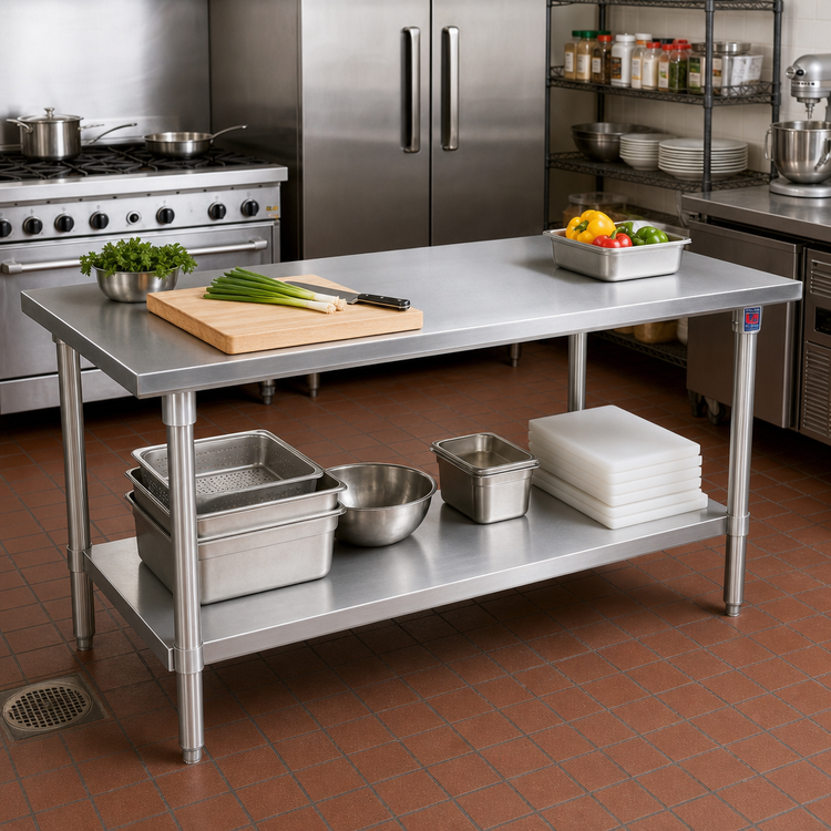 Product image #2 for John Boos Stallion 108-Inch W x 36-Inch D Stainless Steel Top Work Table with Stallion Safety Edge and Adjustable Undershelf