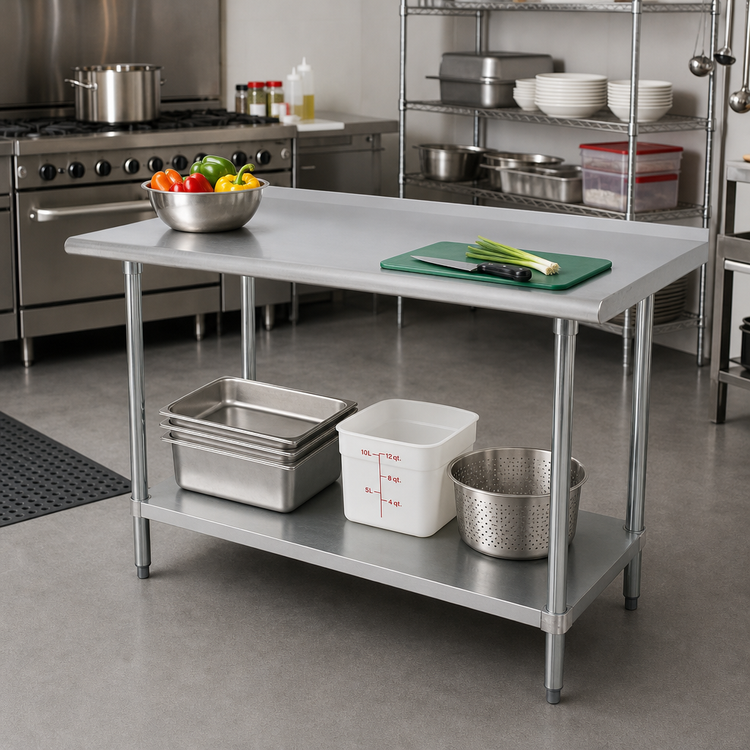 Product image #2 for Advance Tabco 48-Inch x 30-Inch 16 Gauge 430 Stainless Steel Top Work Table with Rear Up-Turn and Adjustable Undershelf