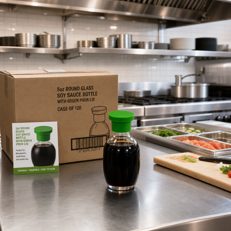 Product image #2 for 5 oz Round Glass Soy Sauce Bottle with Green Pour Lid, Case of 120