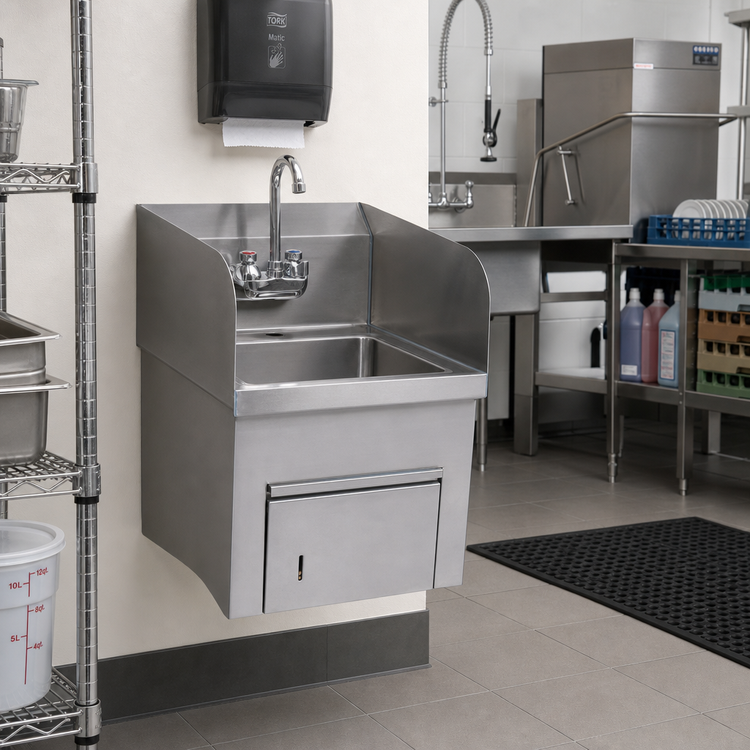 Product image #2 for BK Resources Wall-Mount Stainless Steel Hand Sink with Integrated Towel Dispenser, Side Splashes, 14 x 10 x 5 Bowl