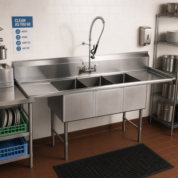 Product image #2 for BK Resources 3 Compartment Stainless Steel Sink with Left and Right 24-Inch Drainboards, 95-1/4 Inch Wide