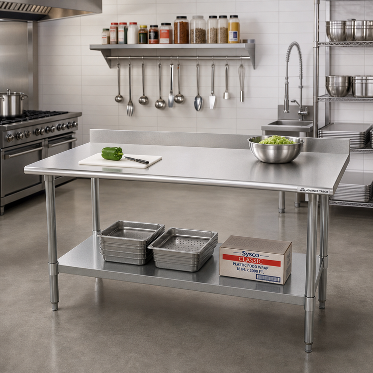 Product image #2 for Advance Tabco Special Value Series 72" x 30" 18 Gauge 430 Stainless Steel Work Table with 5" Backsplash and Galvanized Undershelf