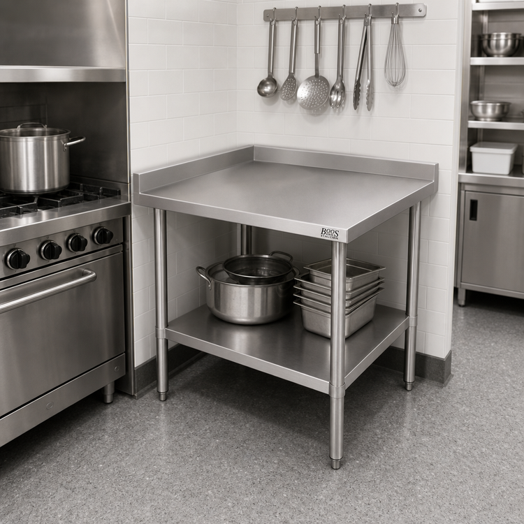 Product image #2 for John Boos Stallion 30" x 30" Corner Stainless Steel Economy Work Table with 5" Backsplash and Undershelf