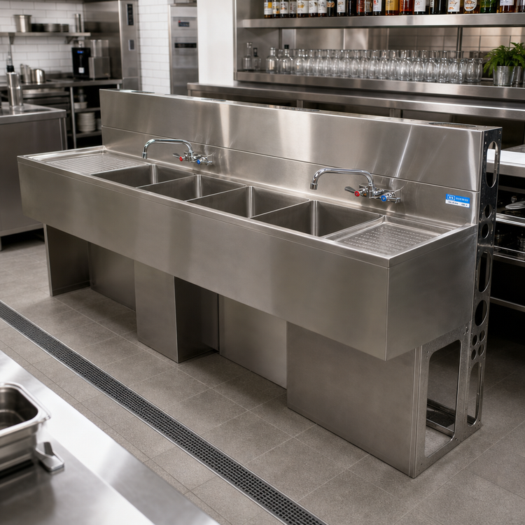 Product image #3 for BK Resources Slim-Line 4-Compartment Underbar Sink with Left and Right Drainboards, 84 Inch Wide