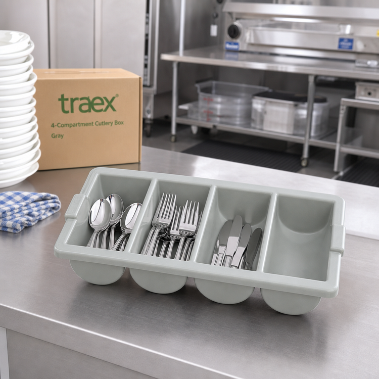Product image #2 for Traex® 4-Compartment Plastic Silverware Cutlery Box with Handles, Gray