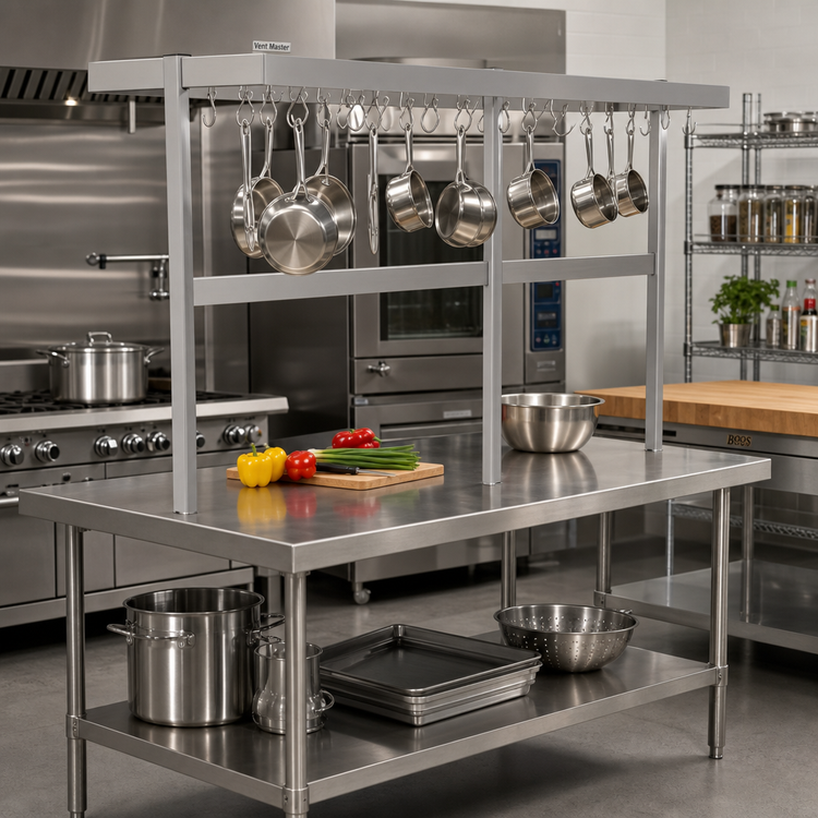 Product image #2 for John Boos Square Table-Mounted Stainless Steel Pot Rack with 36 Double Hooks