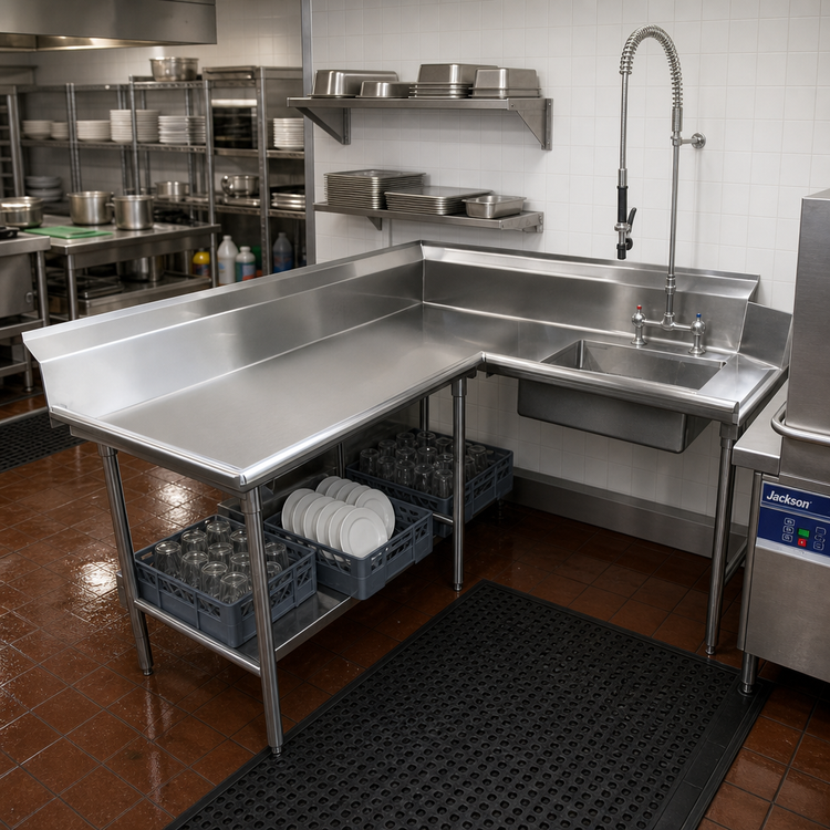 Product image #2 for Advance Tabco Korner-Soil Left-Hand Corner Dishtable with Pre-Rinse Sink, 143 Inch, 14-Gauge 304 Stainless Steel