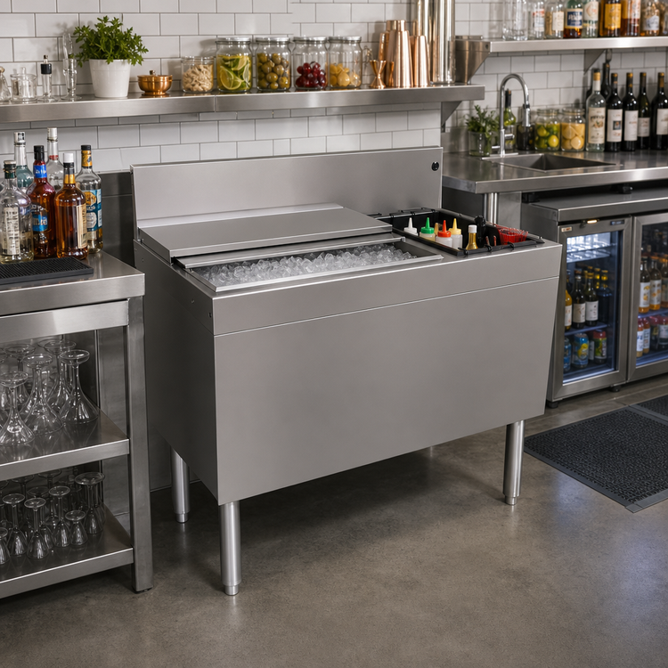 Product image #2 for Glastender Extra Deep Underbar Ice Bin/Cocktail Unit with 10-Circuit Cold Plate and 6-Bottle Storage, 36 Inch W x 19 Inch D