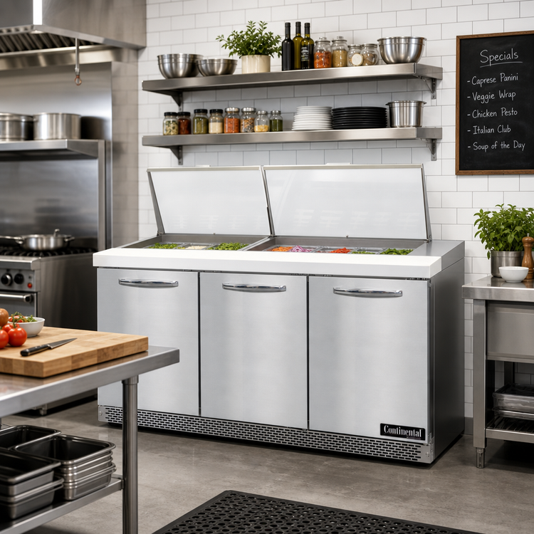 Product image #2 for Continental Refrigerator D72N27M-FB Designer Line Mighty Top 72" Three-Section Front Breather Sandwich Prep Refrigerator