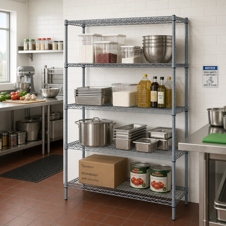 Product image #2 for Quantum Stationary Wire Shelving Starter Kit, 72"W x 24"D x 63"H, Gray Epoxy Antimicrobial Finish