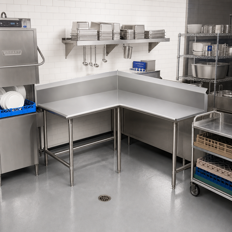 Product image #2 for John Boos Pro-Bowl L-Shaped Corner Clean Dishtable, 60" Machine Side x 144" End Side, Right-To-Left, 44" High, 16-Gauge 300-Series Stainless Steel
