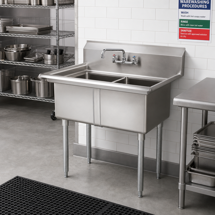 Product image #2 for Omcan USA 2-Compartment Pot Sink with Dual 24" x 24" x 14" Bowls, 9-3/4" Backsplash, and Galvanized Legs