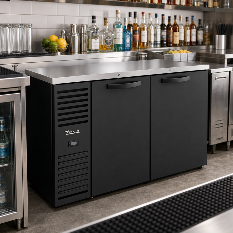 Product image #2 for True 60-Inch Two-Section Refrigerated Back Bar Cooler with Self-Contained Side-Mounted Refrigeration, Stainless Steel Top, and Black Exterior