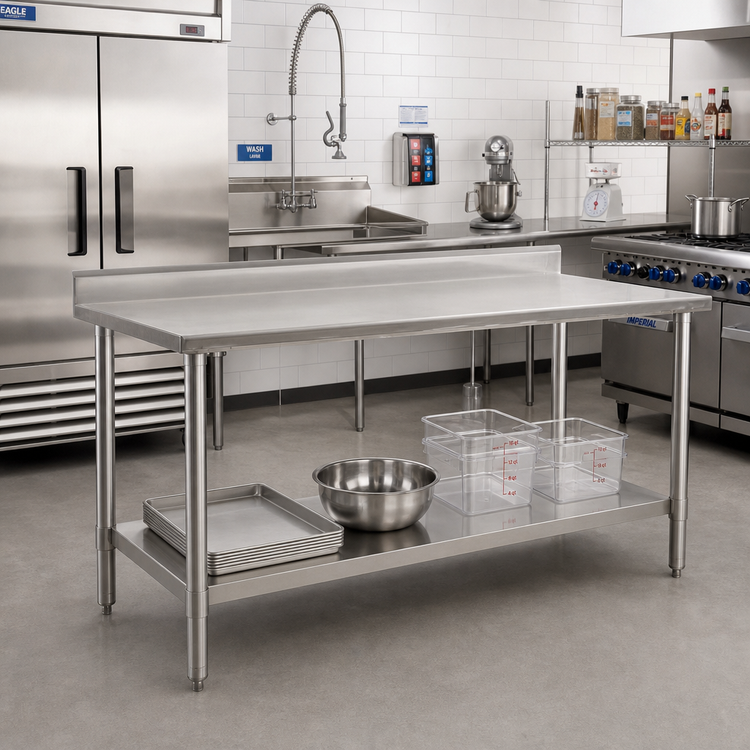 Product image #2 for Eagle Group Spec-Master 60-Inch x 36-Inch 14-Gauge Stainless Steel Work Table with 4-1/2-Inch Backsplash and Adjustable Undershelf