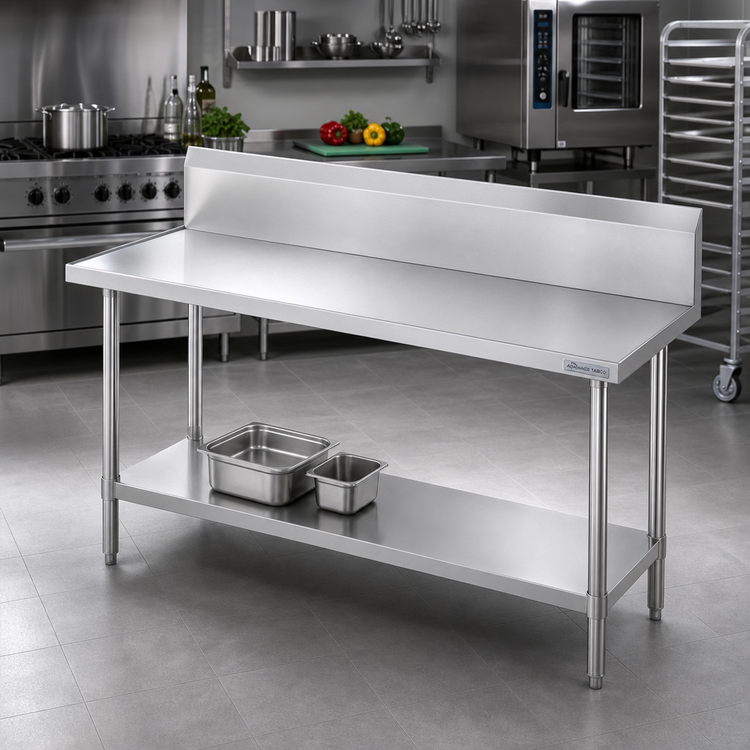 Product image #2 for Advance Tabco 60-Inch x 24-Inch 14 Gauge 304 Stainless Steel Work Table with 10-Inch Backsplash and Adjustable Undershelf