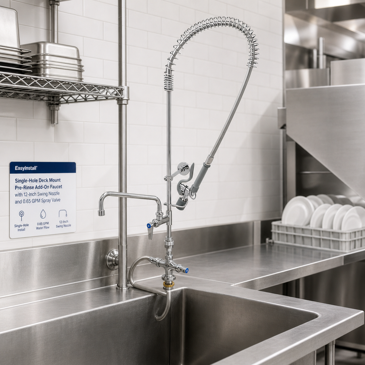 Product image #2 for EasyInstall Single-Hole Deck Mount Pre-Rinse Add-On Faucet with 12-Inch Swing Nozzle and 0.65 GPM Spray Valve