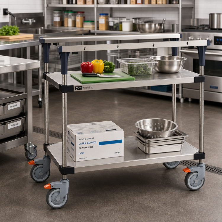 Product image #2 for Metro PrepMate MultiStation 18" x 36" Mobile Prep Cart with Solid Galvanized Shelves and Chrome Posts