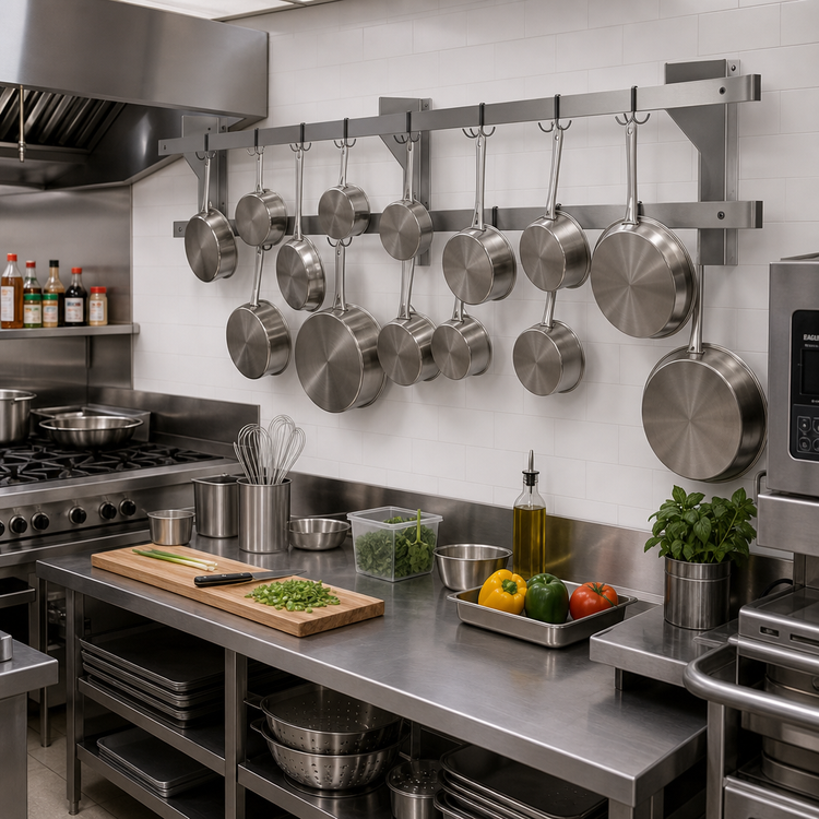 Product image #2 for Eagle Group Wall-Mount Stainless Steel Double-Bar Pot Rack with 22 Double-Pronged Hooks, 132-Inch Wide
