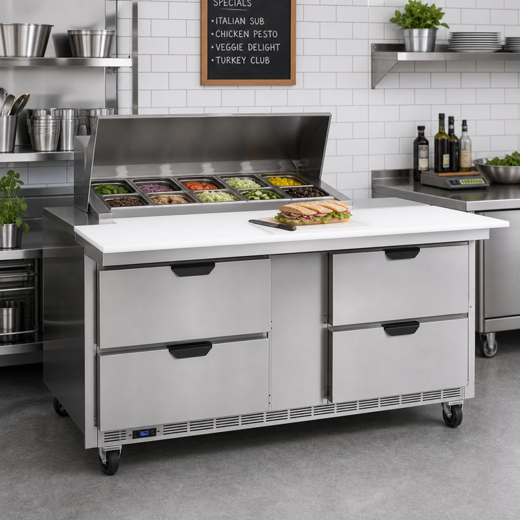 Product image #3 for Beverage-Air 60-Inch Two-Section Sandwich Prep Table Refrigerator with 4 Drawers, 8-Pan Top and 17-Inch Cutting Board
