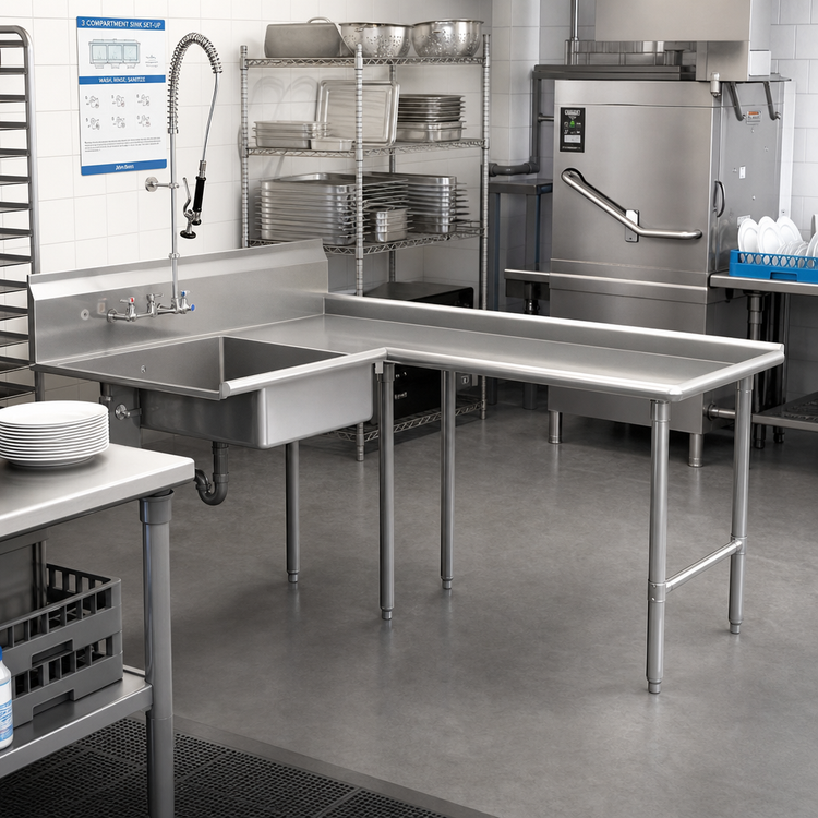 Product image #2 for John Boos Pro-Bowl L-Shaped Island Soiled Dishtable with Pre-Rinse Sink Bowl, Right-to-Left Operation, 60-In. Machine-to-Corner, 108-In. Corner-to-End