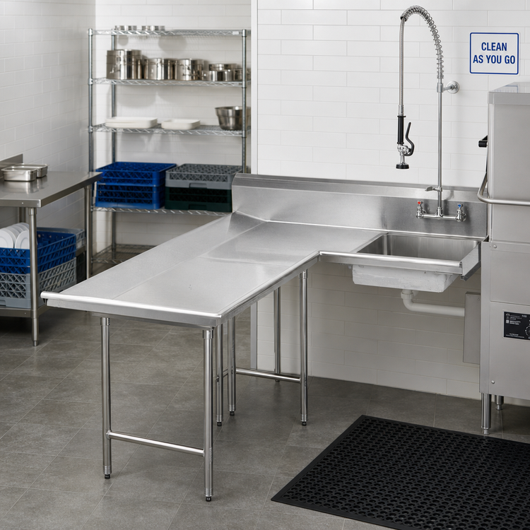 Product image #2 for Advance Tabco L-Shaped Left-Hand Dishlanding-Soil Dishtable with Pre-Rinse Sink, 119-Inch Long