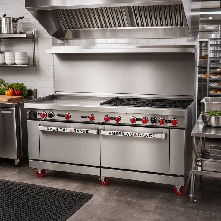 Product image #2 for American Range 72-Inch Gas Restaurant Range with 36-Inch Griddle, 6 Open Burners, Standard Oven, and Storage Base