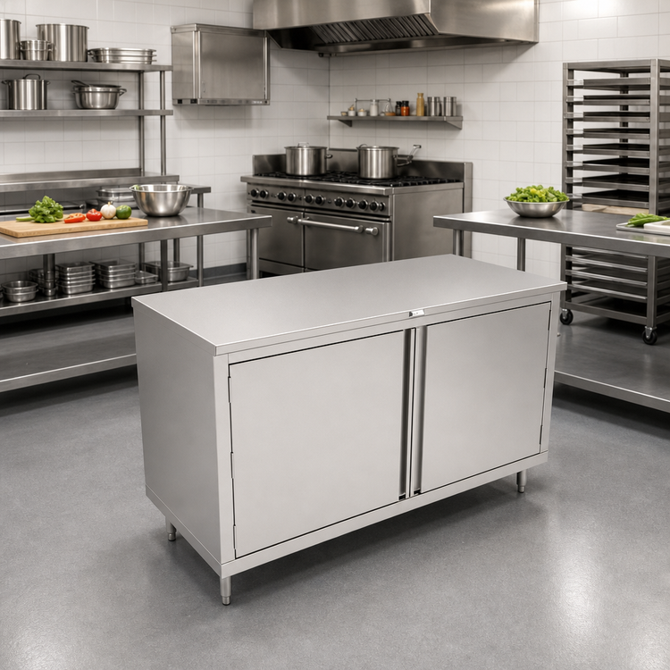 Product image #2 for John Boos 36 x 24 Inch Enclosed Work Table with Cabinet Base and Hinged Doors, 14-Gauge 300-Series Stainless Steel Top