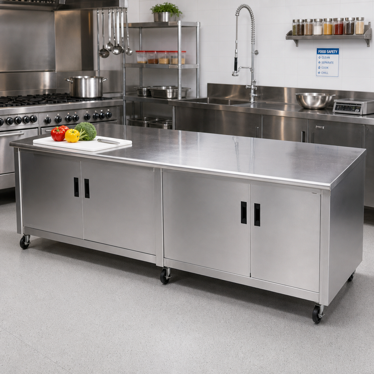 Product image #2 for Advance Tabco 72 Inch x 30 Inch Enclosed Work Table with Cabinet Base, Mid-Shelf, Hinged Doors, and 14 Gauge 304 Stainless Steel Top