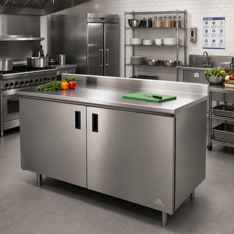 Product image #2 for Advance Tabco 144-Inch x 36-Inch Enclosed Work Table with Hinged-Door Cabinet Base, 14-Gauge 304 Stainless Steel Top, and 1-1/2-Inch Rear Up-Turn