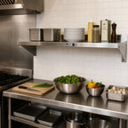 Thumbnail image #2 for John Boos Stallion BHS1660 60" x 16" Wall-Mounted 300 Series Stainless Steel Shelf, 18 Gauge, Satin Finish, 1-1/2" Rear Up-Turn