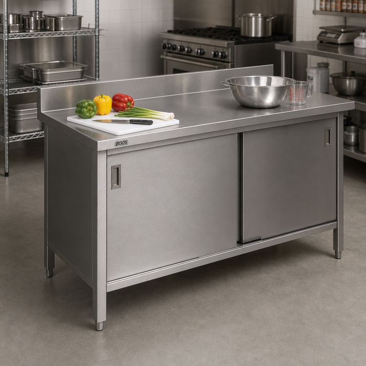 Product image #2 for John Boos Enclosed Base Work Table with Sliding Doors, 72W x 24D, 16-Gauge 300-Series Stainless Steel Top, 5-Inch Backsplash