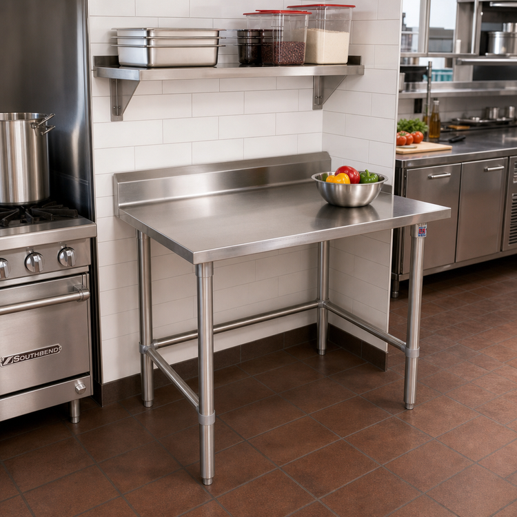 Product image #2 for John Boos Stallion 30-Inch x 30-Inch Stainless Steel Corner Work Table with 5-Inch Backsplash and Safety Edge