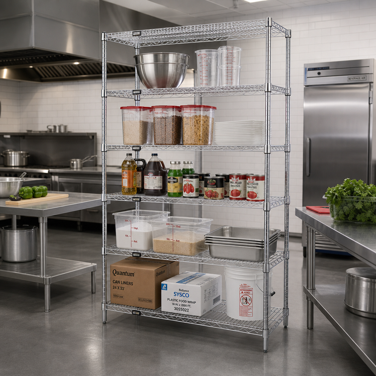 Product image #2 for Quantum Stationary Wire Shelving Starter Kit, 42W x 24D x 86H, 5 Shelves, Chrome Plated