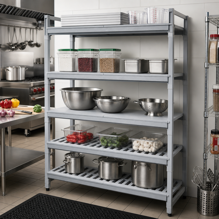 Product image #3 for Cambro Camshelving Premium 21 x 72 Inch 5-Shelf Vented and Solid Polymer Shelf Kit, Speckled Gray