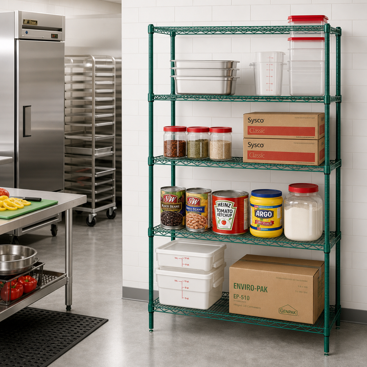 Product image #2 for Quantum Stationary Wire Shelving Starter Kit, 48W x 30D x 86H, 5 Shelves, Green Epoxy Antimicrobial Finish