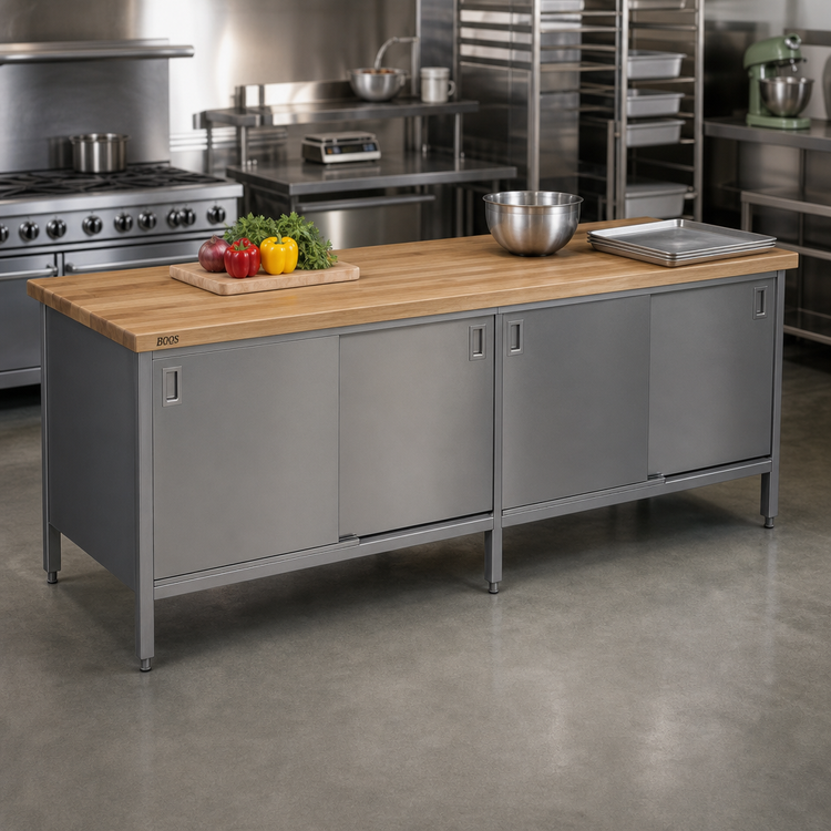 Product image #2 for John Boos Enclosed Base Wood Top Work Table with Sliding Doors, 120 x 24 Inches, 1-3/4-Inch Maple Top